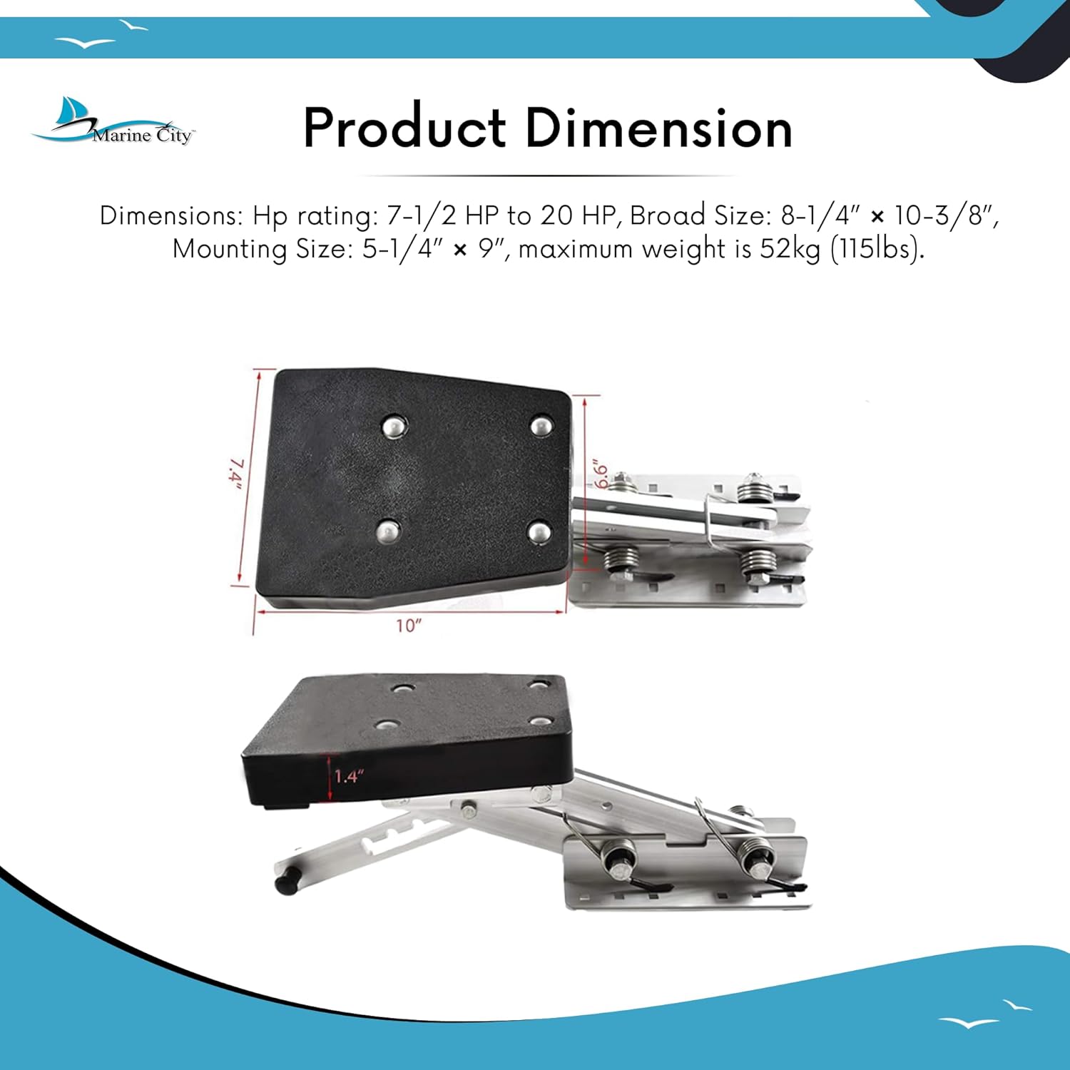 MARINE CITY Aluminum Outboard Motor Bracket, 2-Stroke, Retractable, Spring-Loaded, 7.5–20 HP, Up to 115 lbs, 5-Position Adjustable Mount, Plastic Base, for Powerboats and Yachts