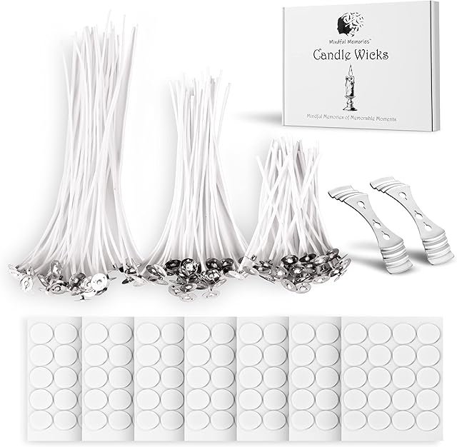 Mindful Memories Candle Wicks 90 Pcs (10cm, 15cm, 20cm) with 2 Candle Wick Holders & 90 Glue Dots, Long Lasting Pre-Waxed & Tabbed Cotton Threads with No Black Smoke for DIY Crafts