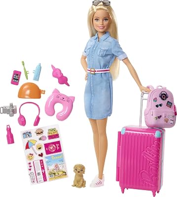 Barbie Blonde Pop en Reisset met Accessoires - Inclusief Puppy, Bagage, Stickers en 10+ Accessoires - Cadeau voor Kinder