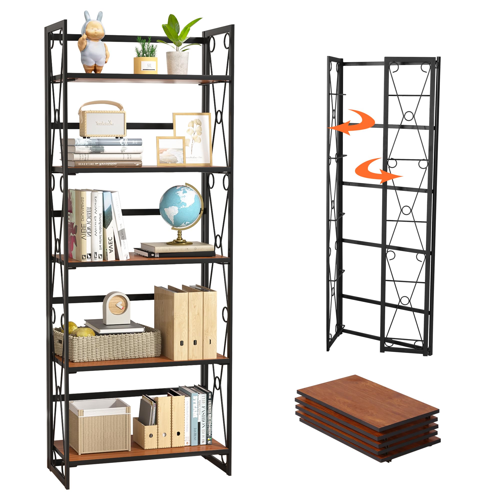 VECELO Folding Bookshelf, 5 Shelf Bookcase No Assembly, Industrial Metal Frame Book Shelves Organizer for Living Room, Office,Brown, 1 Set