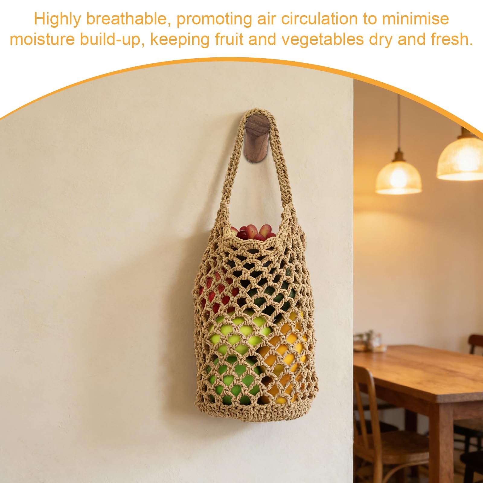 Hängekorb, Obstkorb Hängend Hängekorb Küche, 2er Set Handgewebter Netzbeutel Baumwolle 32x16cm zum Aufhängen für Eier Obst Gemüse, Luftdurchlässiges Design