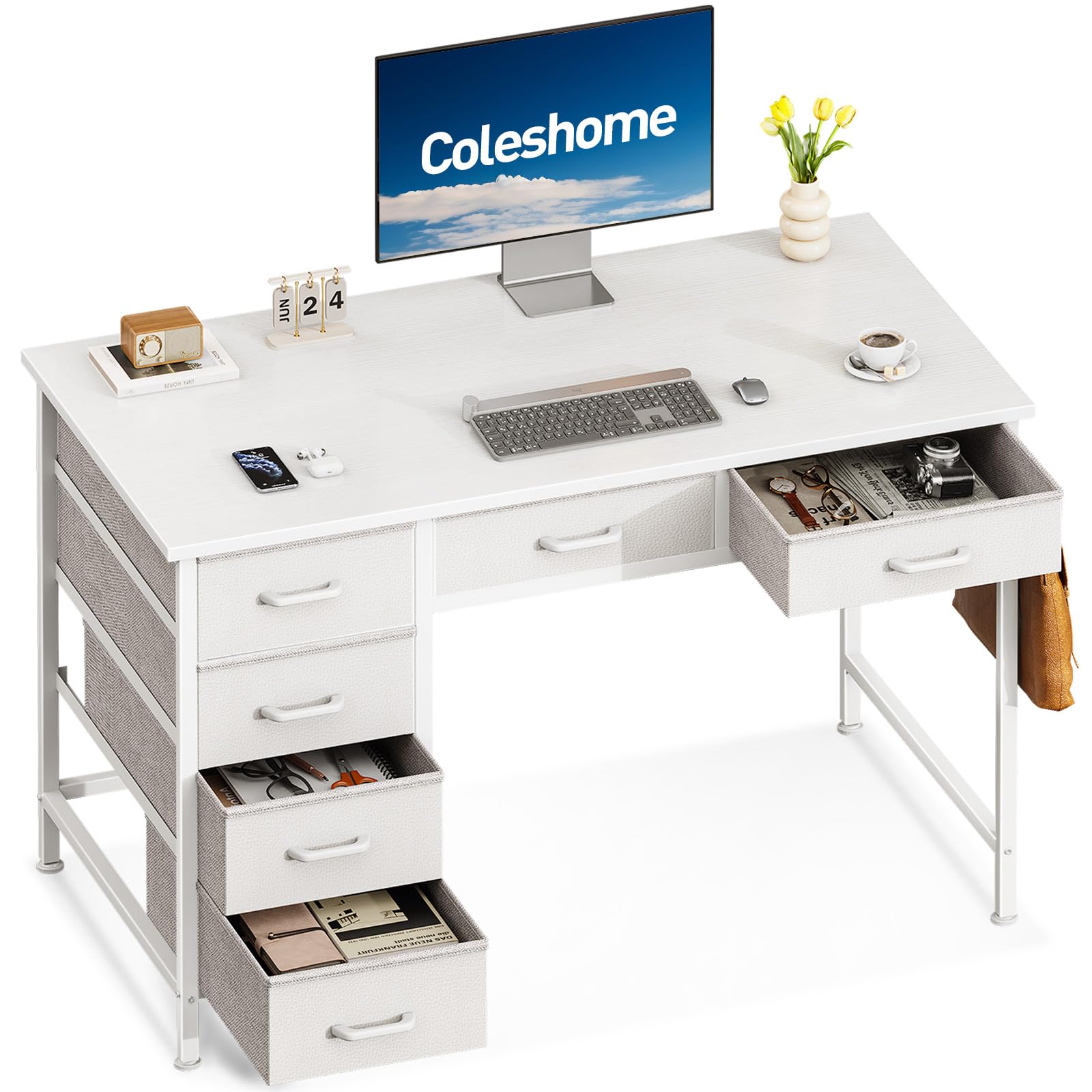 Coleshome Escritorio con 6 Cajones, 100 x 48 cm Escritorio Pequeño con Espacio de Almacenamiento, Escritorio Ordenador Reversible con Gancho para Auriculares para Oficina en Casa, Blanco