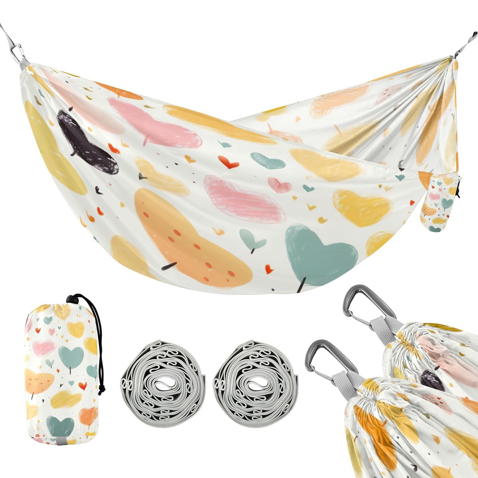 ATTX Colourful Heart Camping Hammock - Lightweight & Portable Hammocks, Heavy Duty 330lbs Capacity for Indoor, Hiking, Backpacking, Travel, Backyard, Beach#346