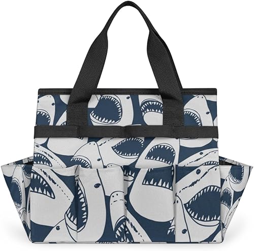 Cartoon Shark Garden Tool Tote Bag for Women Men Gardening Tool Storage Bags with 10 Pockets Standable Garden Home Tool Kits Organizer for Indoor