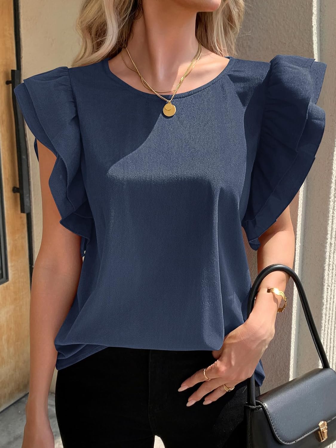 Tankaneo Womens Ruffle Cap Sleeve Tank Tops Fall Corduroy Sleeveless Shirts Casual Loose Fit Crew Neck Tops - Image 6