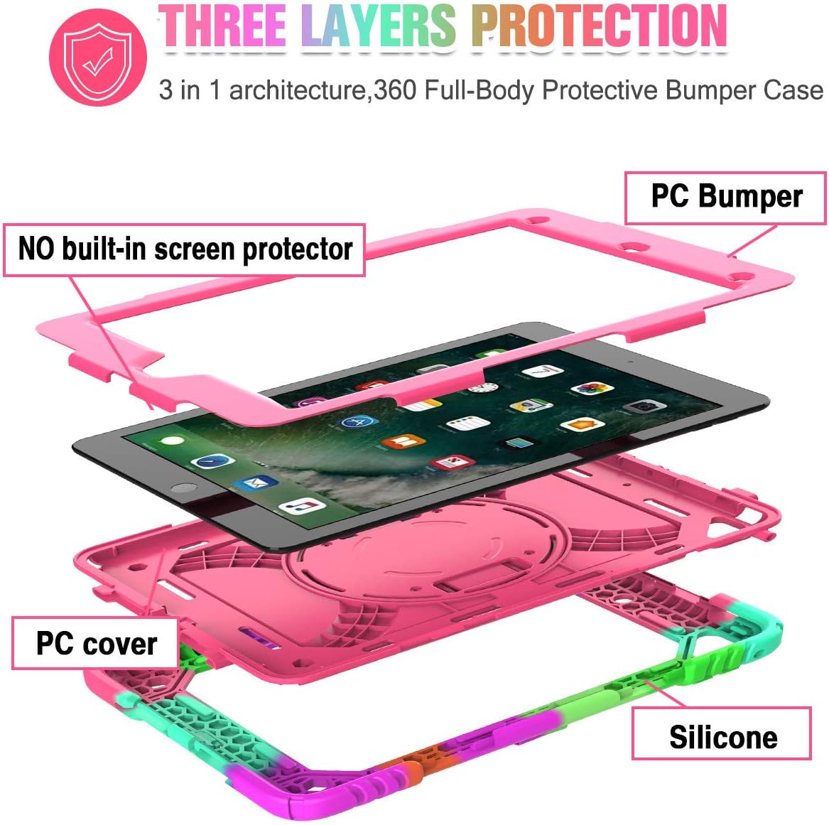 LEDNICEKER iPad 6th Generation Case, iPad 5th Generation Case, iPad Air 2 Case, Three Layer Protective Kids Case with [360 Rotating Stand] [Hand Strap][Swivel Stand] for iPad 9.7 2018/2017, Hot Pink
