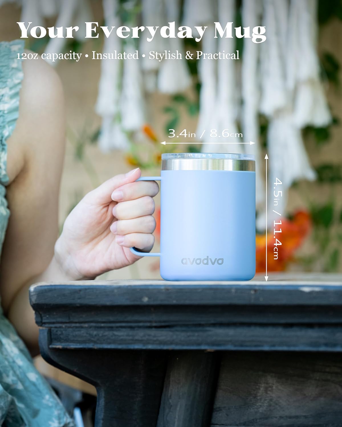 12oz Insulated Coffee Mug with Lid – Includes Two Lids, Stainless Steel Coffee Travel Mug with Handle, Double Wall Vacuum Insulated Camping Mug for Home, Office & Outdoor, Light Blue - Image 4