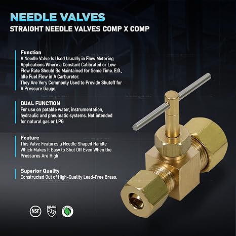 3/8 Inch Compression Straight Needle Valve for Potable Water, Instrumentation, Hydraulic and Pneumatic Systems, Brass Lead-Free