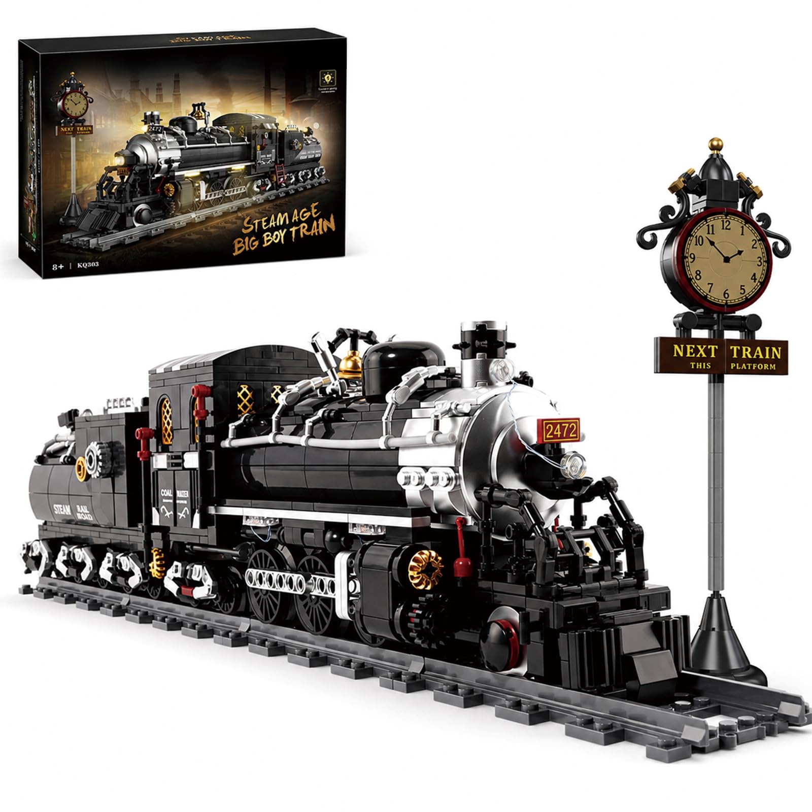 Steam Train Building Block Set with Tracks,Vintage Locomotive Toy.1384PCS.