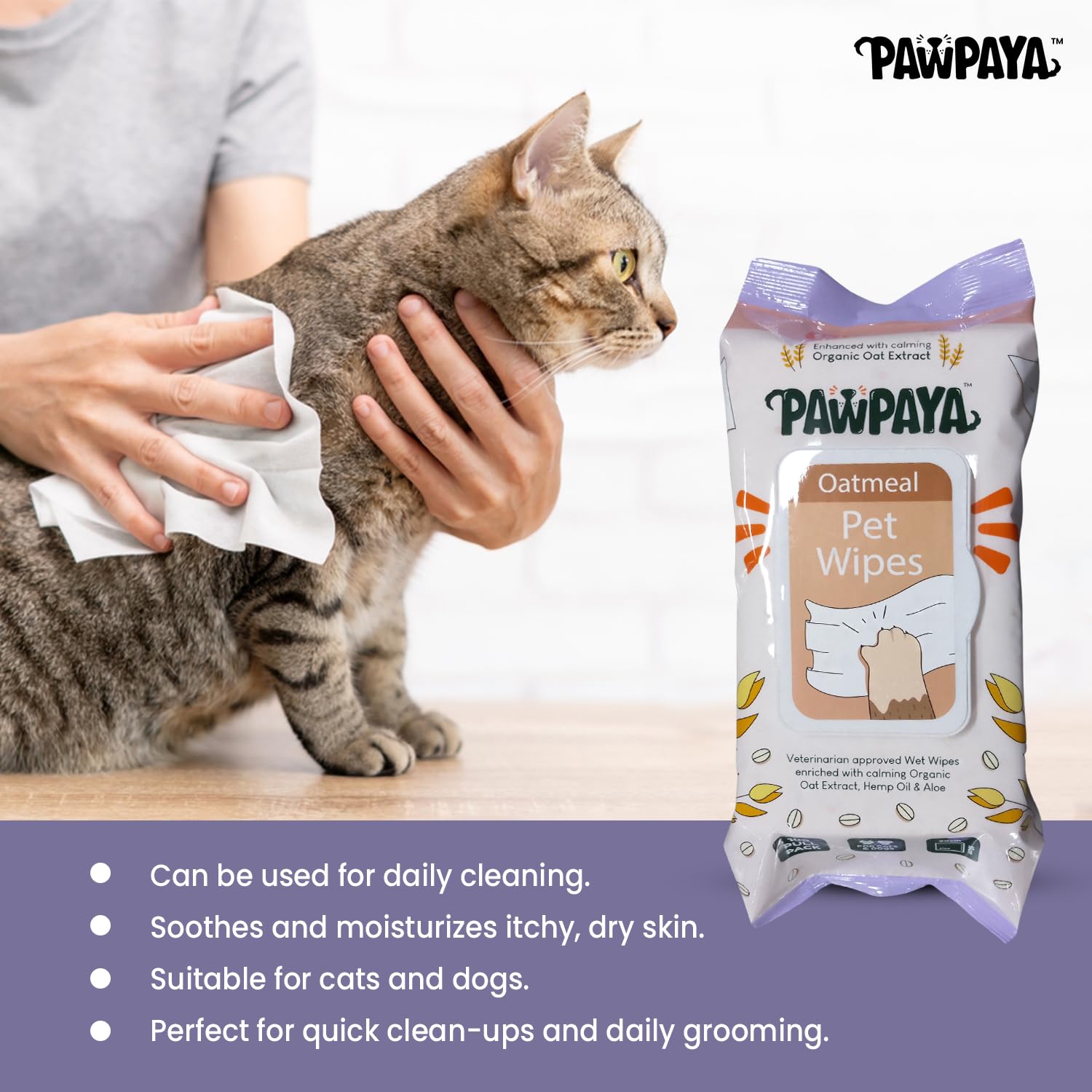 Pawpaya Oatmeal Pet Wipes for Dogs and Cats 100 Wipes | Soothes Itchy and Sensitive Skin | Cleans Paws Face and Coat | Alcohol-Free Grooming Wipes (Pack of 2) 2