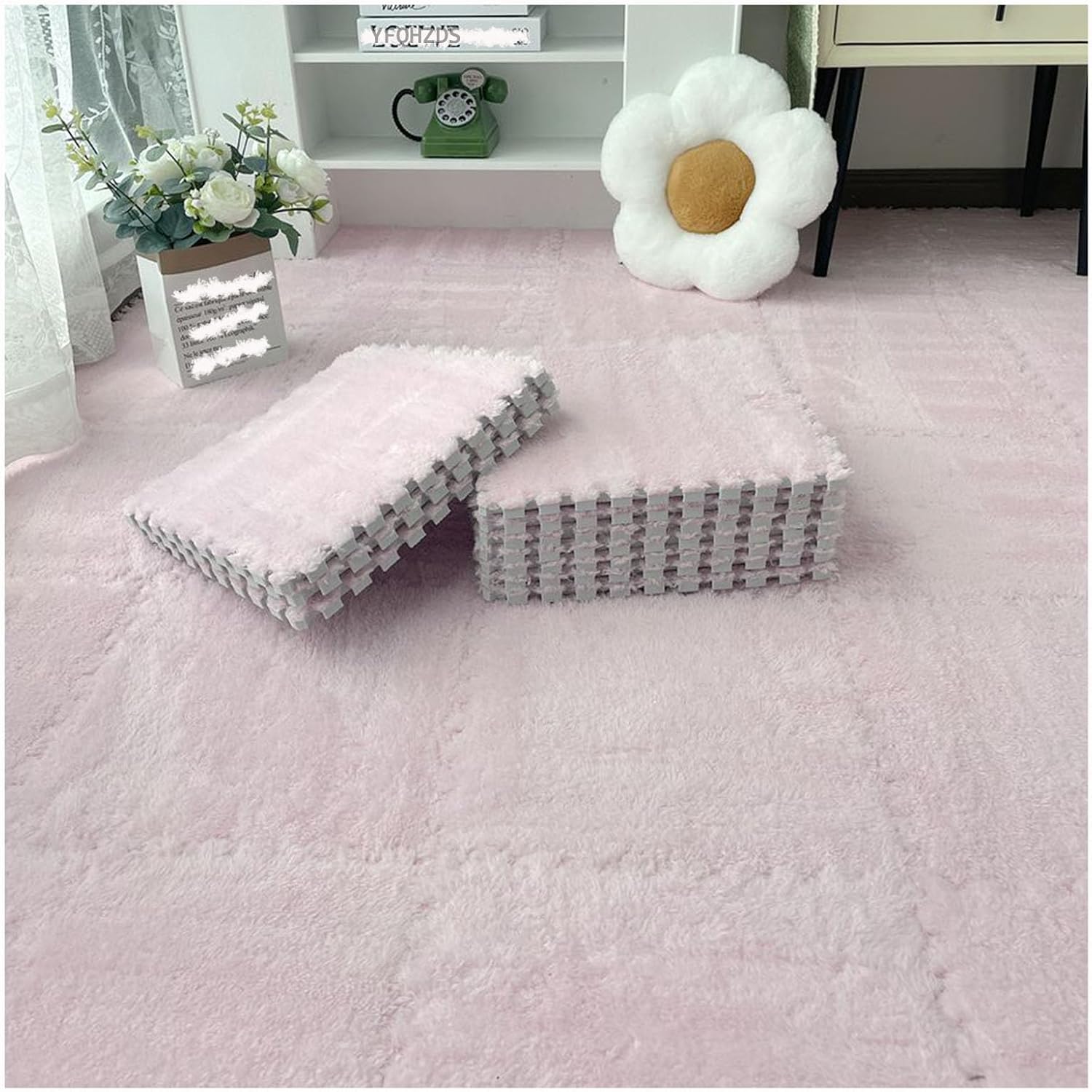 JvFbjLF Soft Plush Interlocking Floor Mats 12x12inch Puzzle Carpet Squares Fluffy Foam Floor Tiles With Border(Pink)