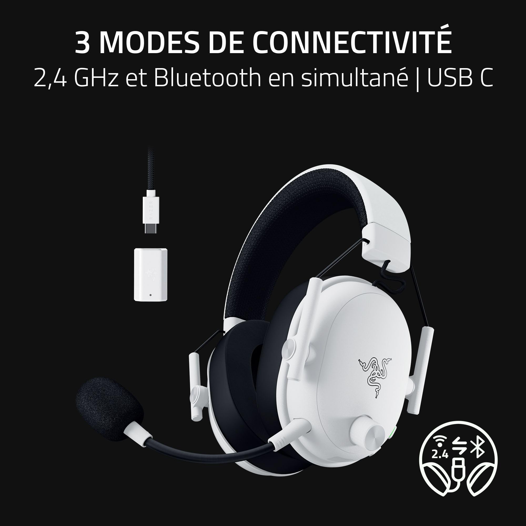 Razer BlackShark V3 - Casque sans Fil pour l’Esport - Haut-parleurs en Titane de 50mm - Micro HyperClear Amovible - THX Spatial Audio - Wireless 2,4Ghz & Bluetooth - Profils FPS - PC/Mac | Blanc