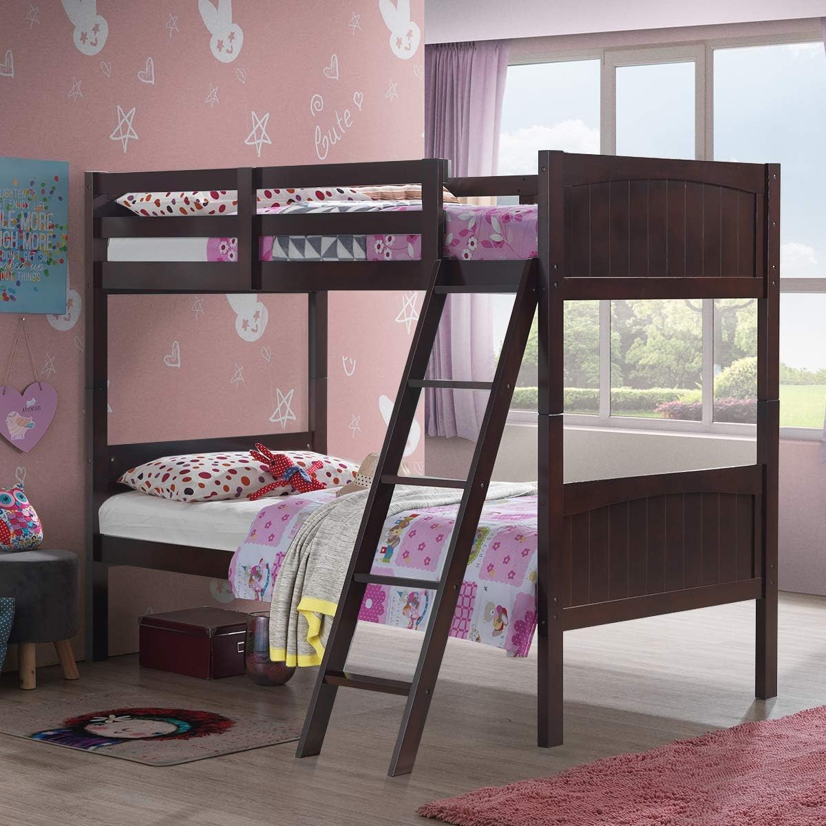 GOFLAME Twin Over Twin Bunk Beds, Convertible Into Two Individual Solid Rubber Wood Beds, Children Stylish Sleeping Bedroom Furniture with Ladder and Safety Rail for Kids Bedroom (Espresso)