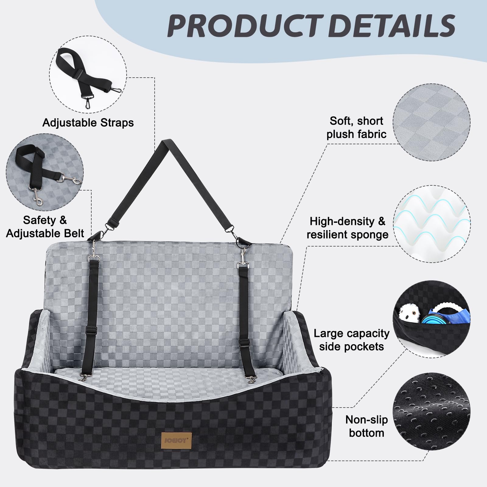 JOEJOY Large Dog Car Seat, Memory Foam Dog Booster Seat with Thick Cushion, Washable Pet Booster Seat for Medium Dogs, Pet Car Seat with Detachable Cover and Storage Pockets, Adjustable Straps — view 4