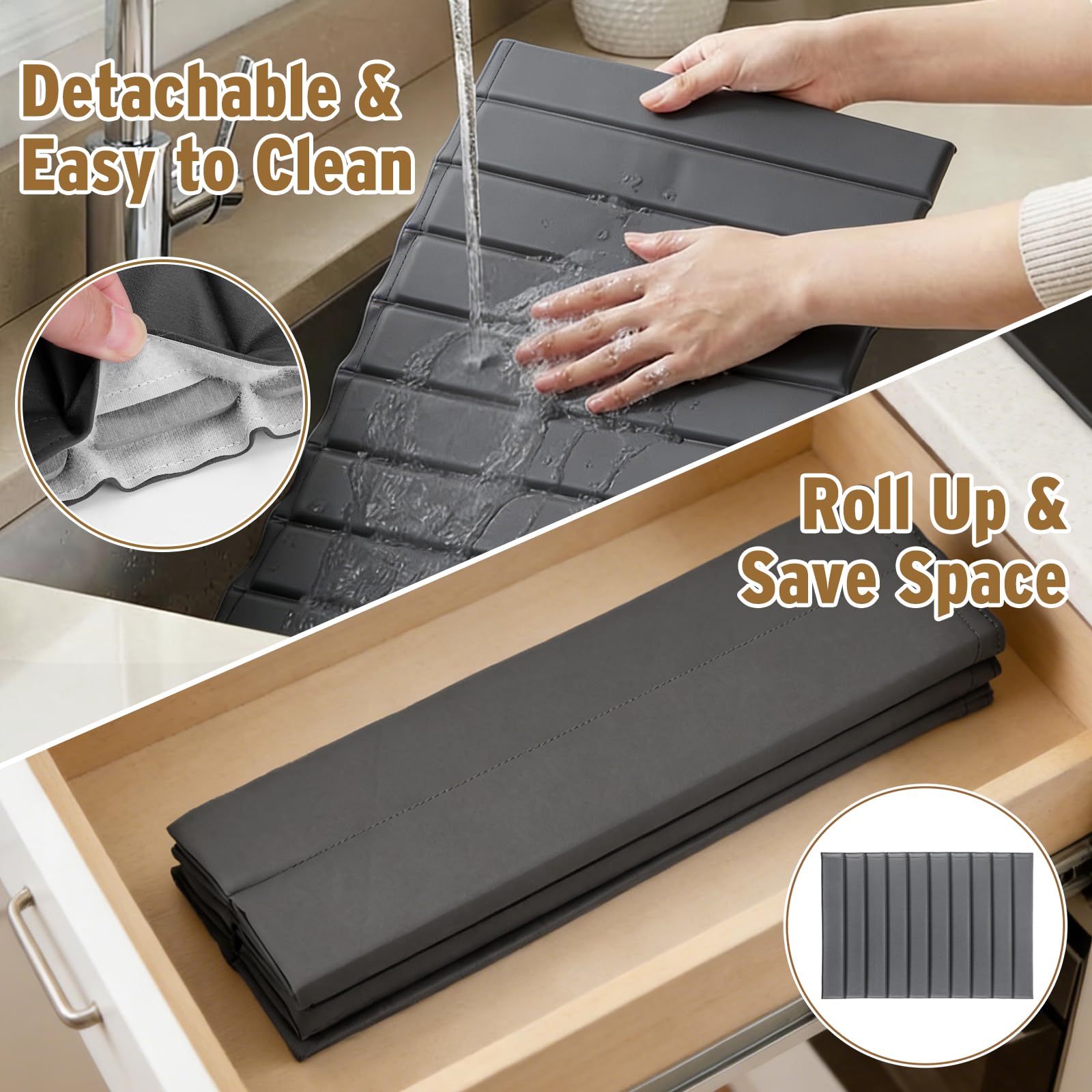 SelfTek Stein-Trockenmatte für die Küche – Kieselgur, Stein-Abtropfmatte für Küchentheke mit abnehmbarem PU-Lederbezug, faltbar, schnell absorbierend, schnell trocknend, für Geschirr, 63 x 40 cm