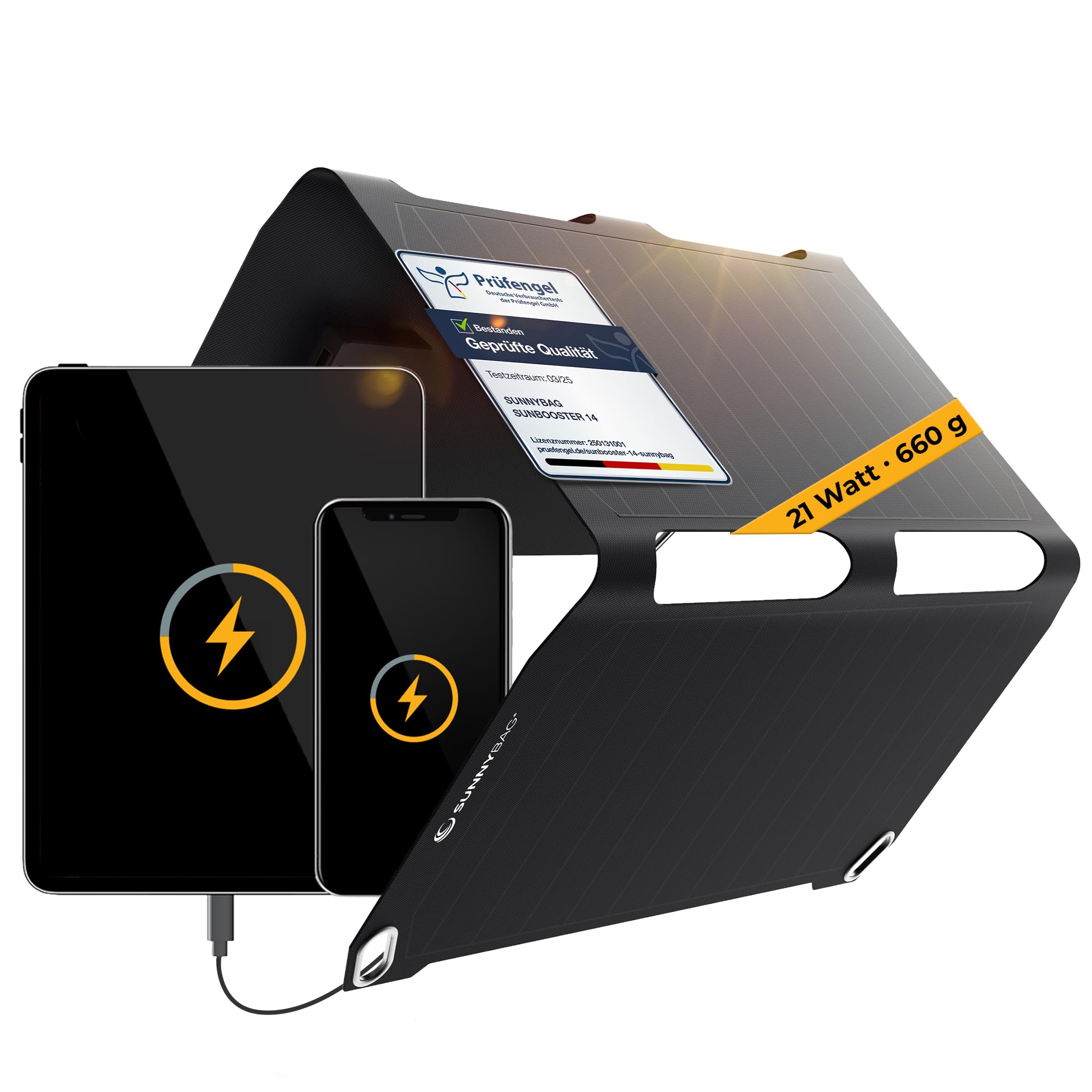 Sunnybag SUNBOOSTER 21 | Caricatore solare portatile da 21 Watt | pieghevole, efficiente, impermeabile, 2 uscite USB, cellulare, tablet, power bank in viaggio, per attività all'aperto, escursioni,