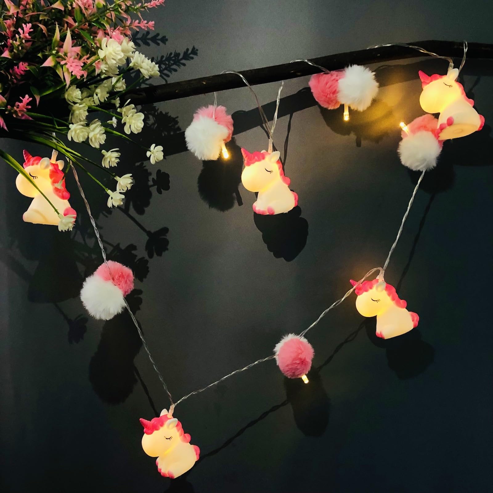 Riaxuebiy Unicorn String Light,Battery Powered Pink White Unicorn Poms Lamp Fairy Lights,LED String Lights, Unicorn Night Lights for Bedroom Birthday Decorations Lights (3M/20LED)