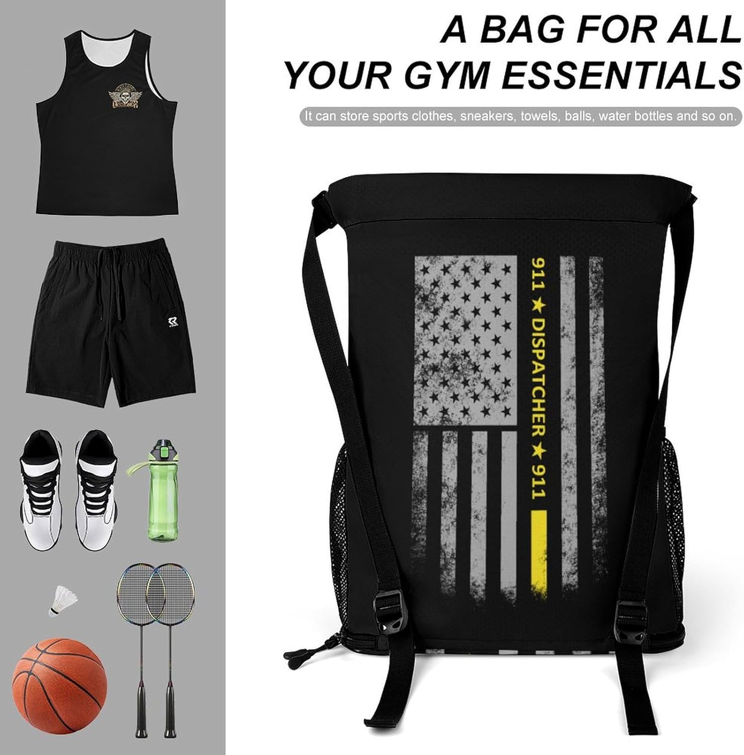 911 Dispatcher Thin Gold Line Gym Bag Workout Gym Backpack with Shoe Compartment Sports Bags for Women Men
