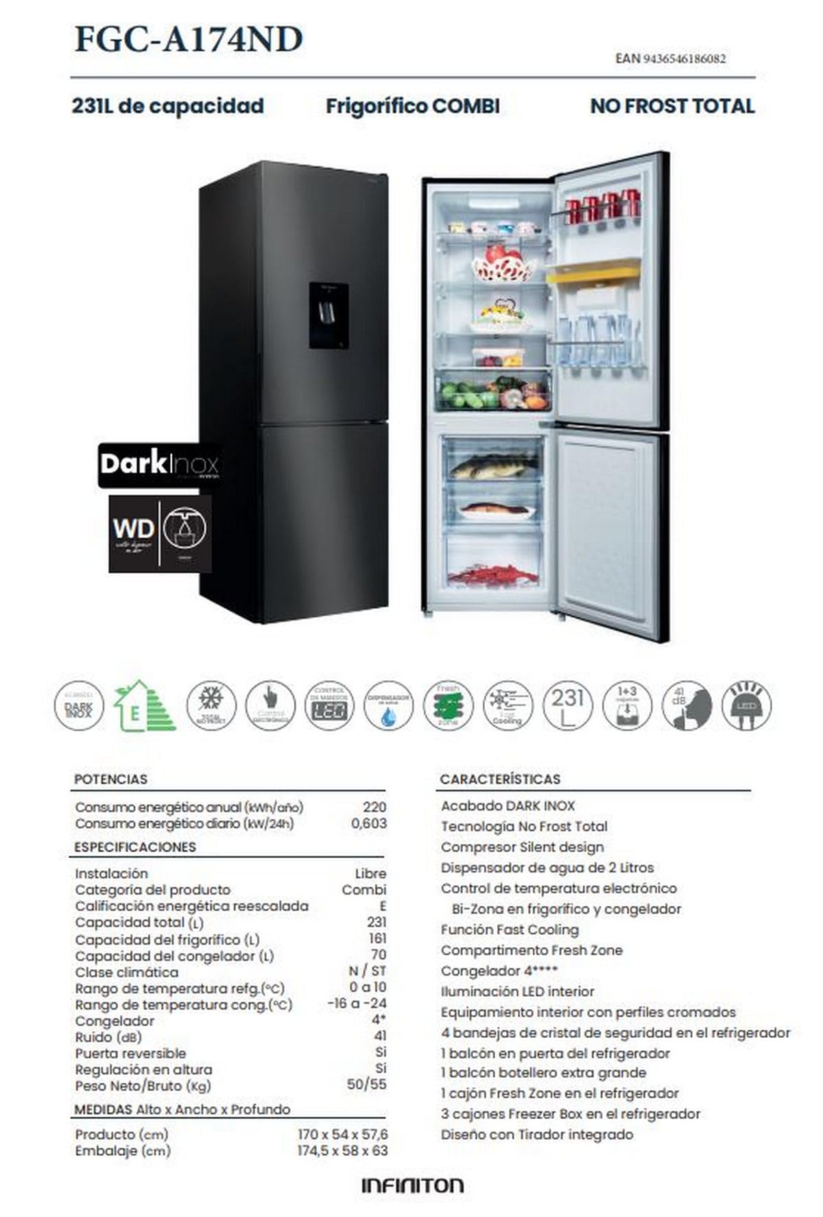 INFINITON Frigorifico Combi FGC-A174ND, 231 Litros, 170 cm de Altura, Dispensador de Agua con Deposito de 2 L, E, Total No Frost, Acabado en Dark Inox
