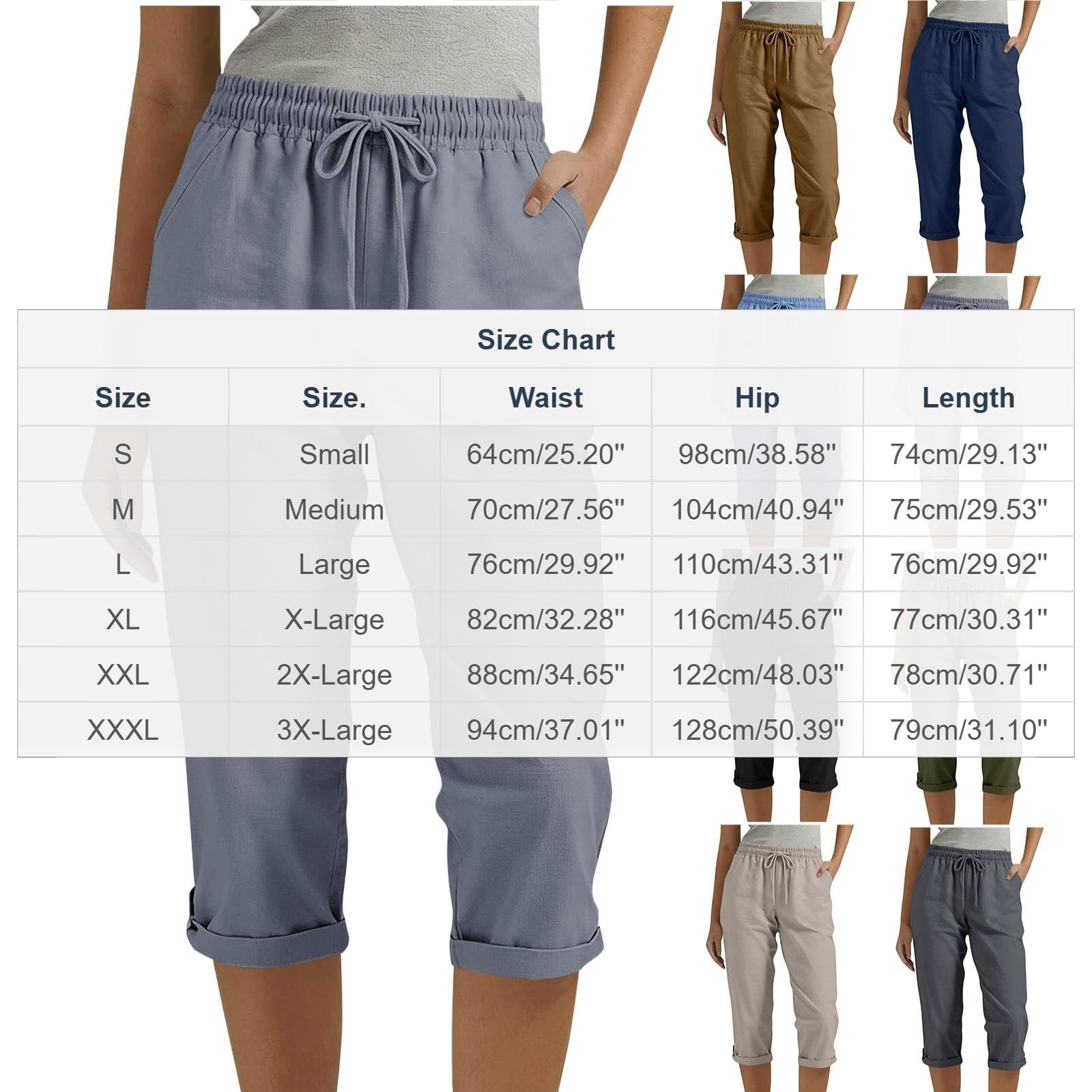 RLEHJN Leinenhose Damen 3/4,High Waist Caprihose Mit Taschen Casual Freizeithose Bequem Leicht Atmungsaktiv Einstellbarer Kordelzug Taille Stoffhose Strandhose Lässig Jogginghose Urlaub Strandhose