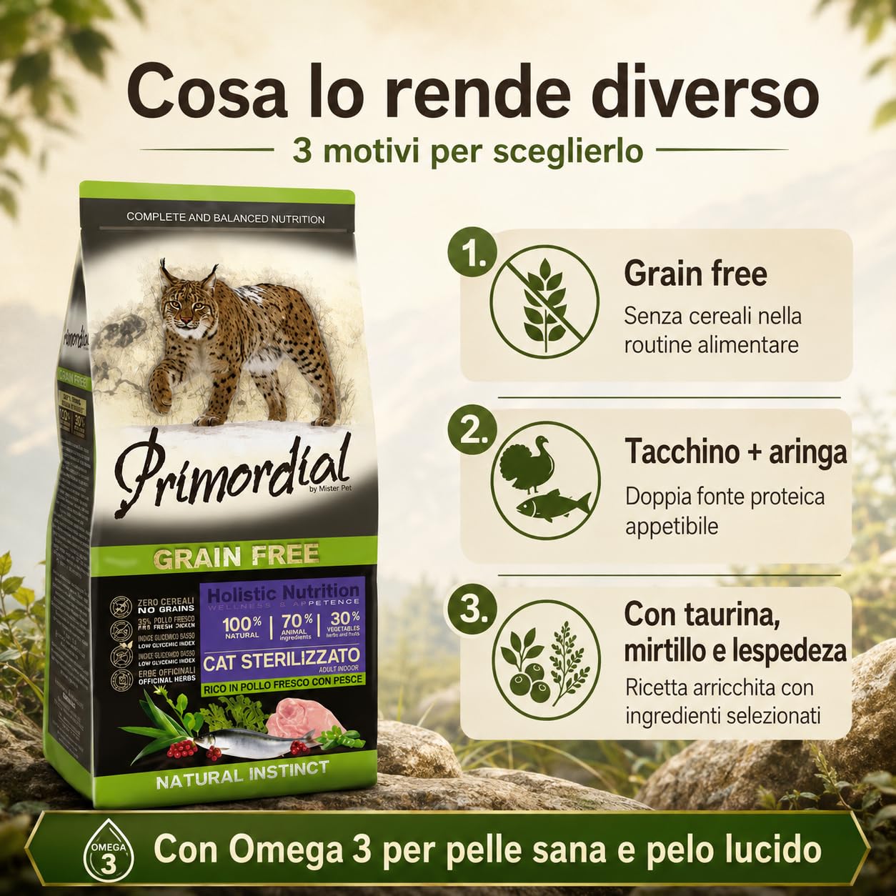 Primordial Neutered Crocchette Gatto Adulto Tacchino e Aringa, Mangime Secco Grain Free per Gatti Adulti, Alimento Completo con Taurina, Mirtillo e Lespedeza, 6 kg