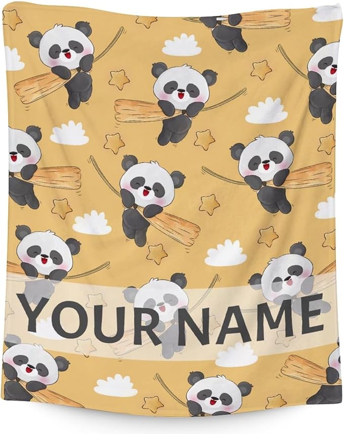 Personalized Panda Blanket Gifts with Name - 30"x40" Cute Throw Blanket for Kids, Adults - Yellow Soft Fuzzy Blankets for Couch & Office