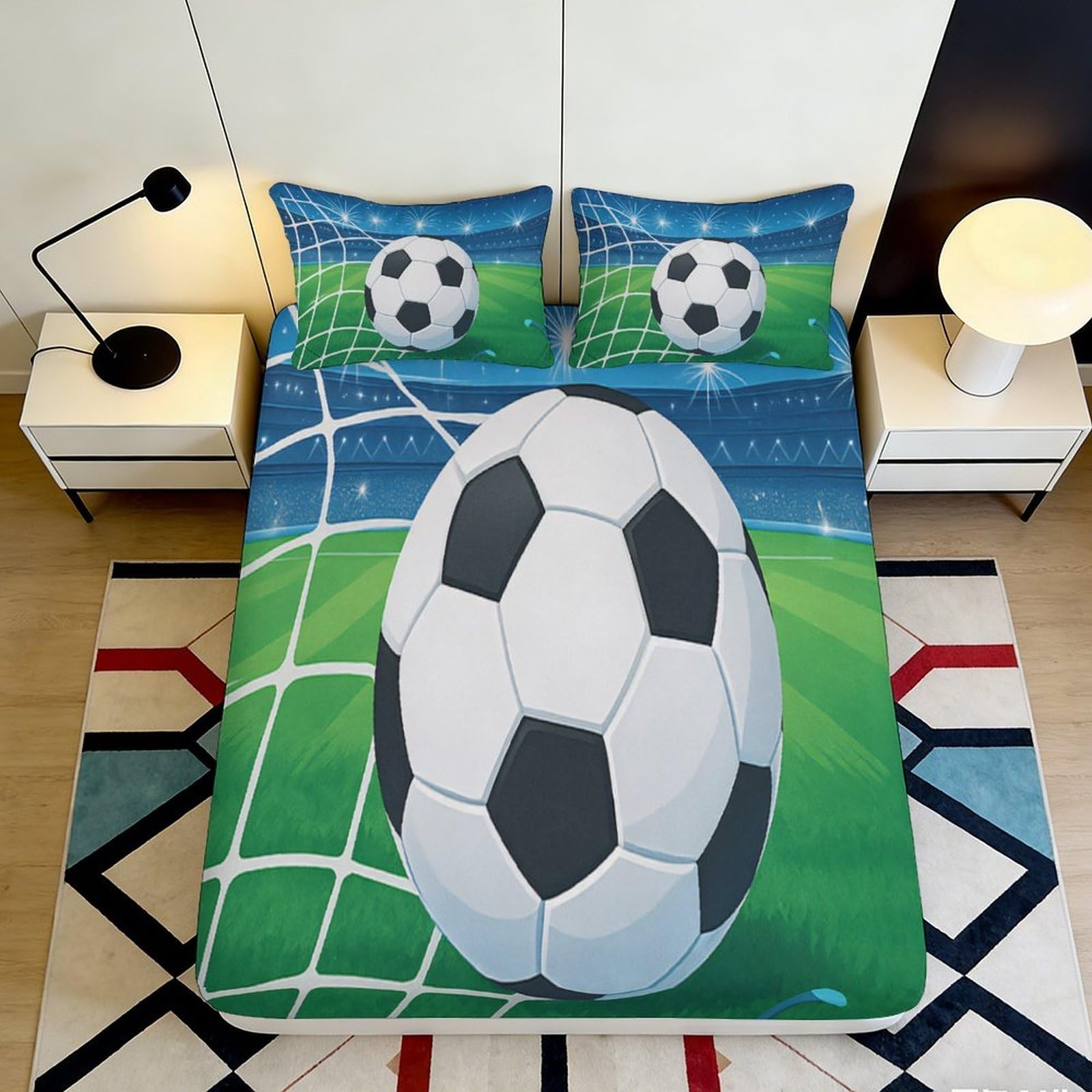 3D Printed Soccer Stadium Fitted Sheet Microfiber Soft Breathable Football Net Mattress Cover for Bedroom Dorm Mattress Decor 160x200x25cm