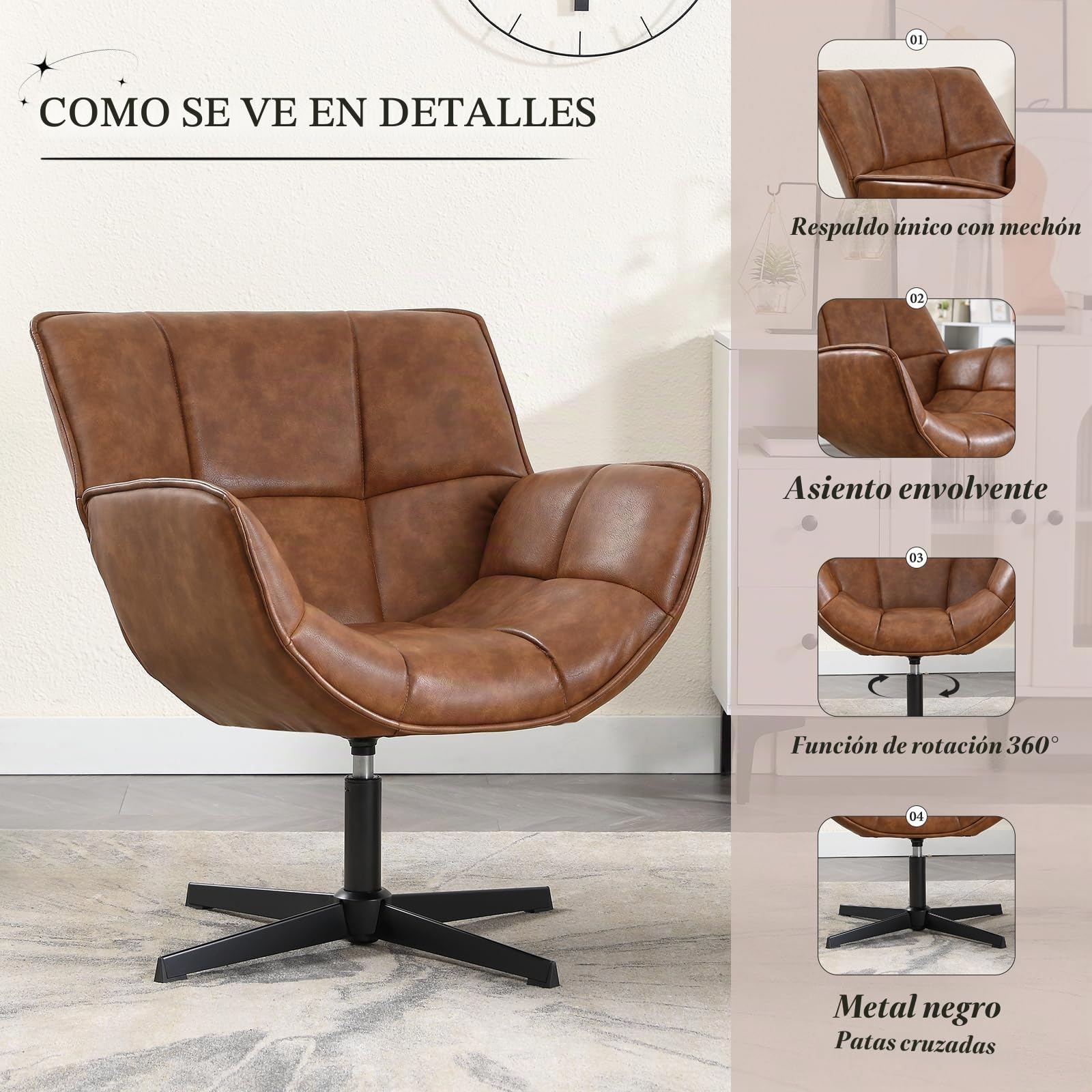 Ya-Home Butacas de Salón Sillón Lectura Individual Giratorio,Marrón | PU Cuero, Giratoro, Base Metal, Cojín Comodo, Reposabrazos, Respaldo, para Salon/Dormitorio, MAX 113KG