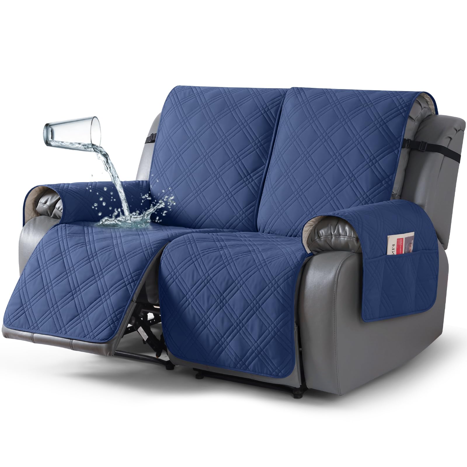 TAOCOCO 100% Waterproof Loveseat Recliner Covers 2 Seater, Split Loveseat Covers for Reclining loveseat, Non Slip Reclining Couch Cover with Double Straps for Kids, Pets(2 Seater, Ocean Blue)