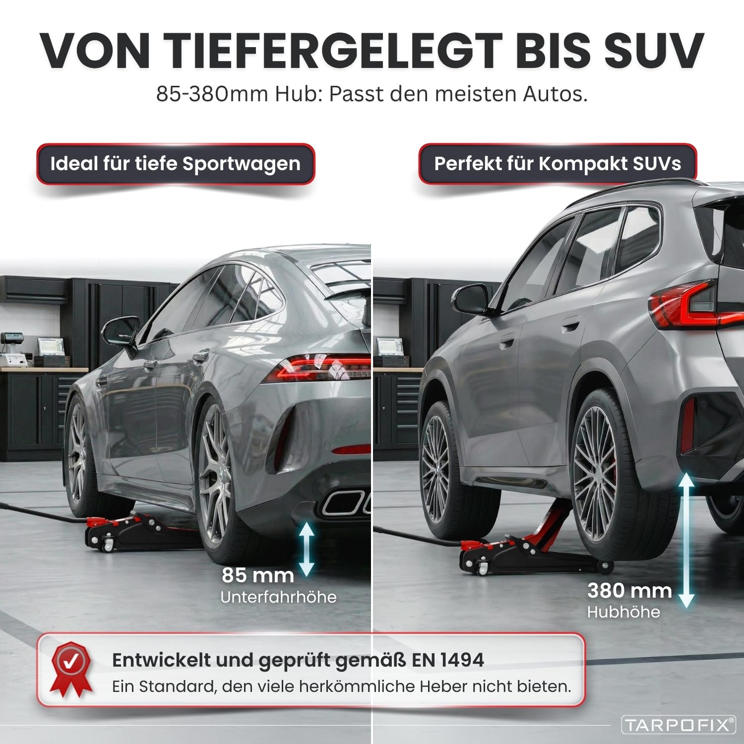 Tarpofix® Wagenheber 2,5t hydraulisch (85-380 mm Hubhöhe) | Premium-Komplettset Rangierwagenheber 2,5t mit Koffer | Hydraulischer Wagenheber flach für SUV & tiefergelegte Autos | Rot