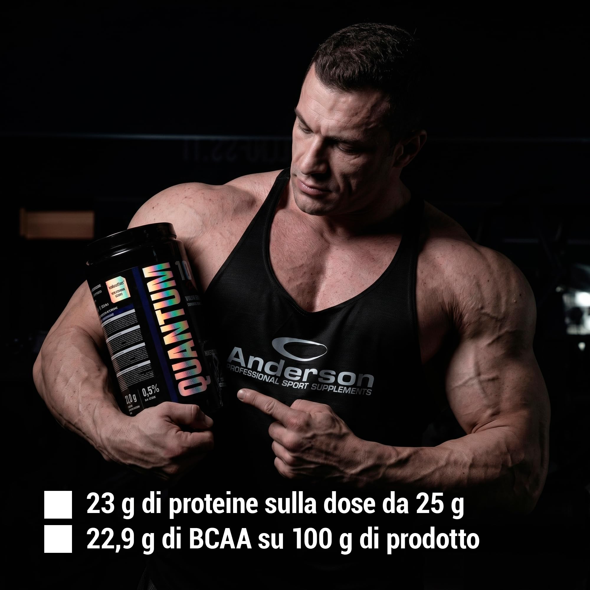 Anderson Proteine in polvere - Chocolat Noir, 92% proteine, 22.9% BCAA, Volactive, microfiltrate, 0.5% lattosio, zero grassi, zero zuccheri, zero aspartame, doping free- QUANTUM 10.4 REVOLT