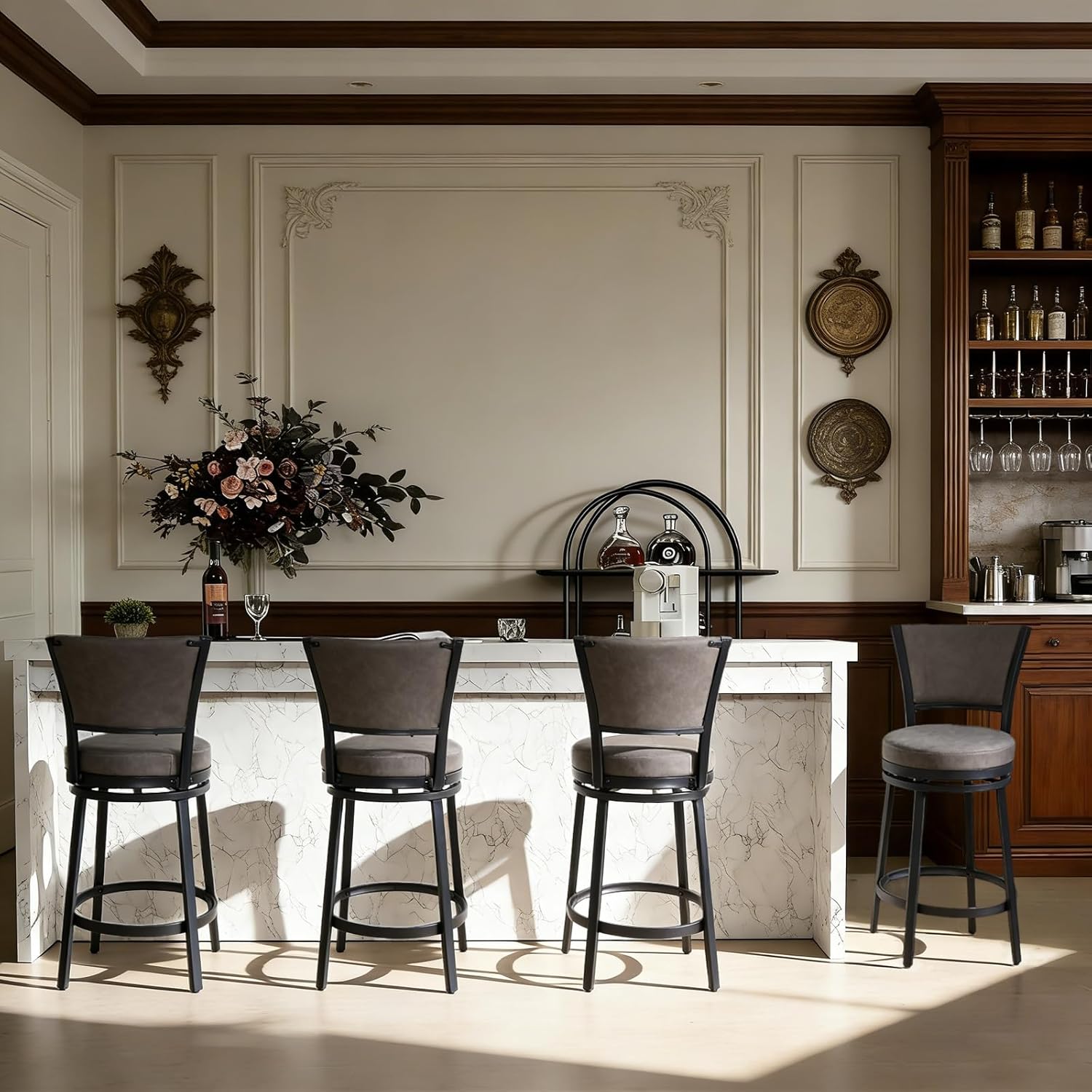 Counter Height Bar Stools Set of 2, 25 Inch Metal Swivel Barstools with Backrest, Modern Faux Leather Upholstered Bar Chairs, Counter Height Stools for Kitchen Island, Grey