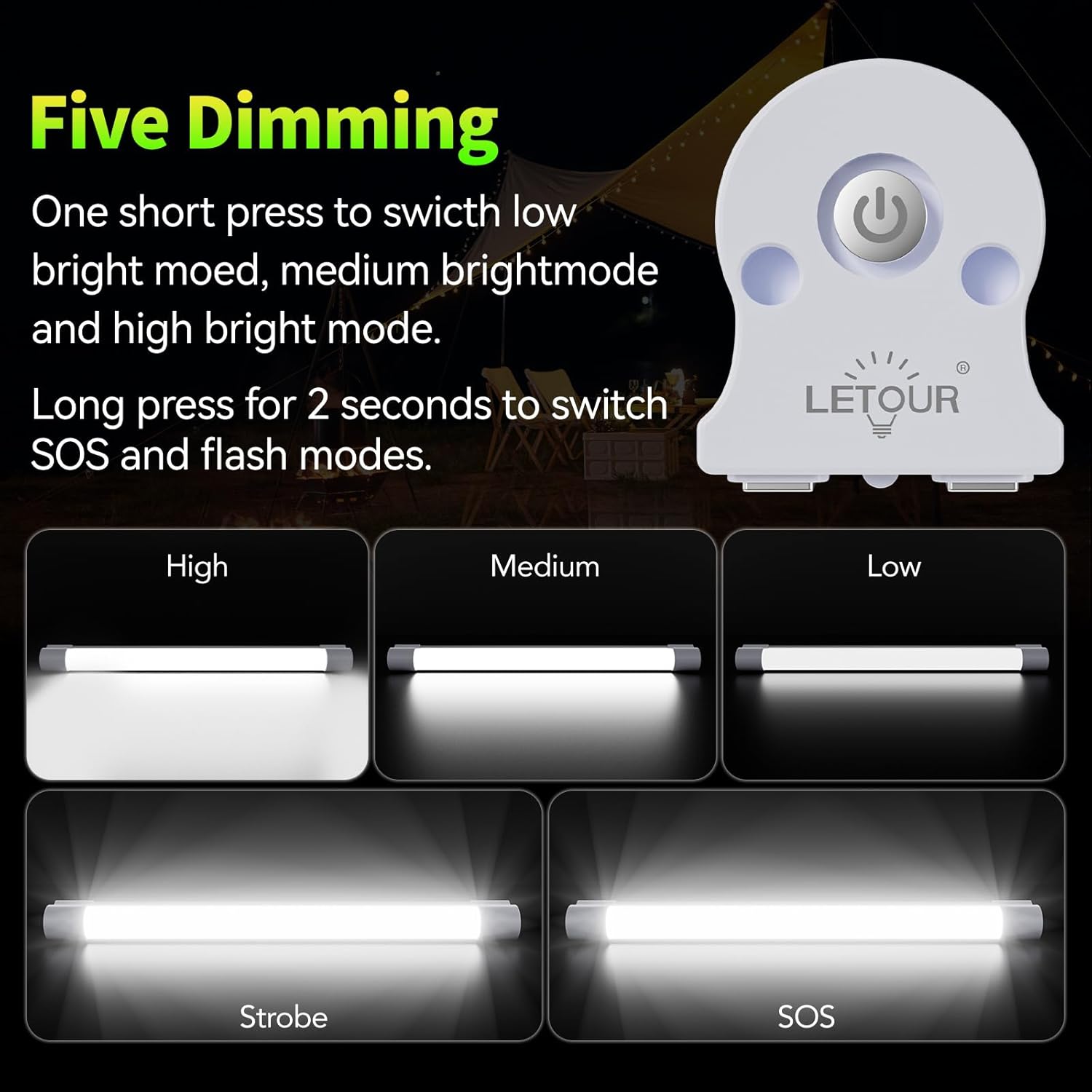 LETOUR LED Tube Magnetic Light Work Lights 6000Lumens 10400mAh 5 Lighting Options Camping Lantern USB Rechargeable Portable Battery Powered Lights with 2 Magnets Endurance for 80 Hours - Image 5