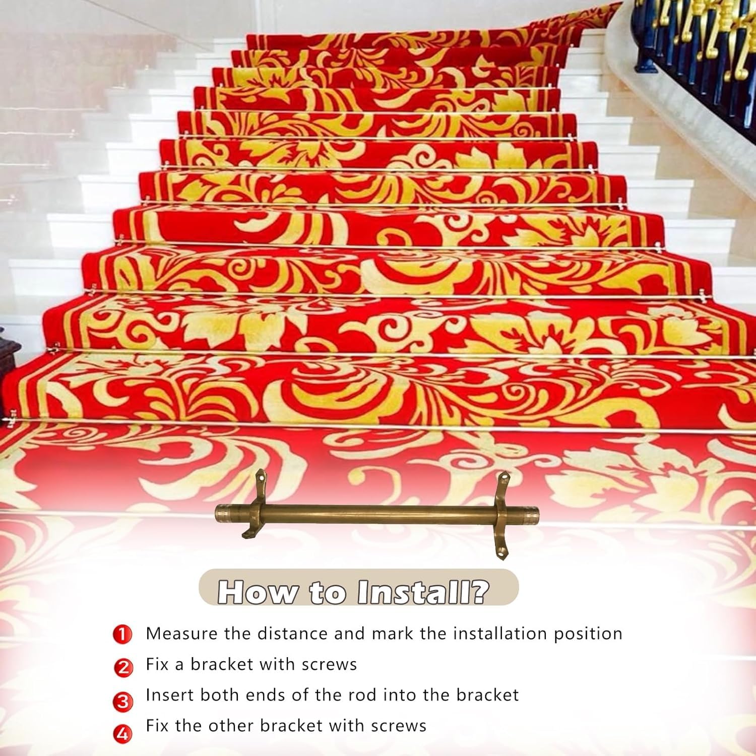 Modernas pinzas antideslizantes para alfombras con kit de montaje y soportes, 16 varillas de latón para peldaños comerciales y corredores de 76 cm / 30in, diseño tubular