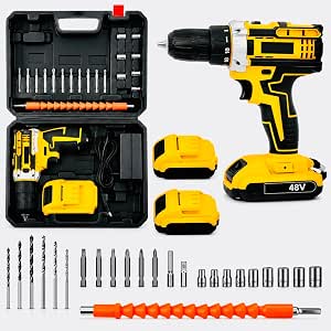 Parafusadeira e Furadeira 48V Sem Fio com Impacto Mandril 10mm Torque 32Nm 2 Baterias Recarregáveis Velocidade Variável Reversível Kit Completo com Brocas Bits Soquetes e Maleta