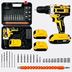 Parafusadeira e Furadeira 48V Sem Fio com Impacto Mandril 10mm Torque 32Nm 2 Baterias Recarregáveis Velocidade Variável Reversível Kit Completo com Brocas Bits Soquetes e Maleta