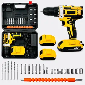 Parafusadeira e Furadeira 48V Sem Fio com Impacto Mandril 10mm Torque 32Nm 2 Baterias Recarregáveis Velocidade Variável Reversível Kit Completo com Brocas Bits Soquetes e Maleta
