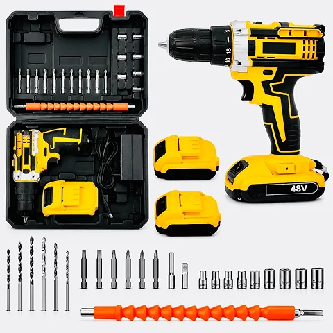 Parafusadeira e Furadeira 48V Sem Fio com Impacto Mandril 10mm Torque 32Nm 2 Baterias Recarregáveis Velocidade Variável Reversível Kit Completo com Brocas Bits Soquetes e Maleta