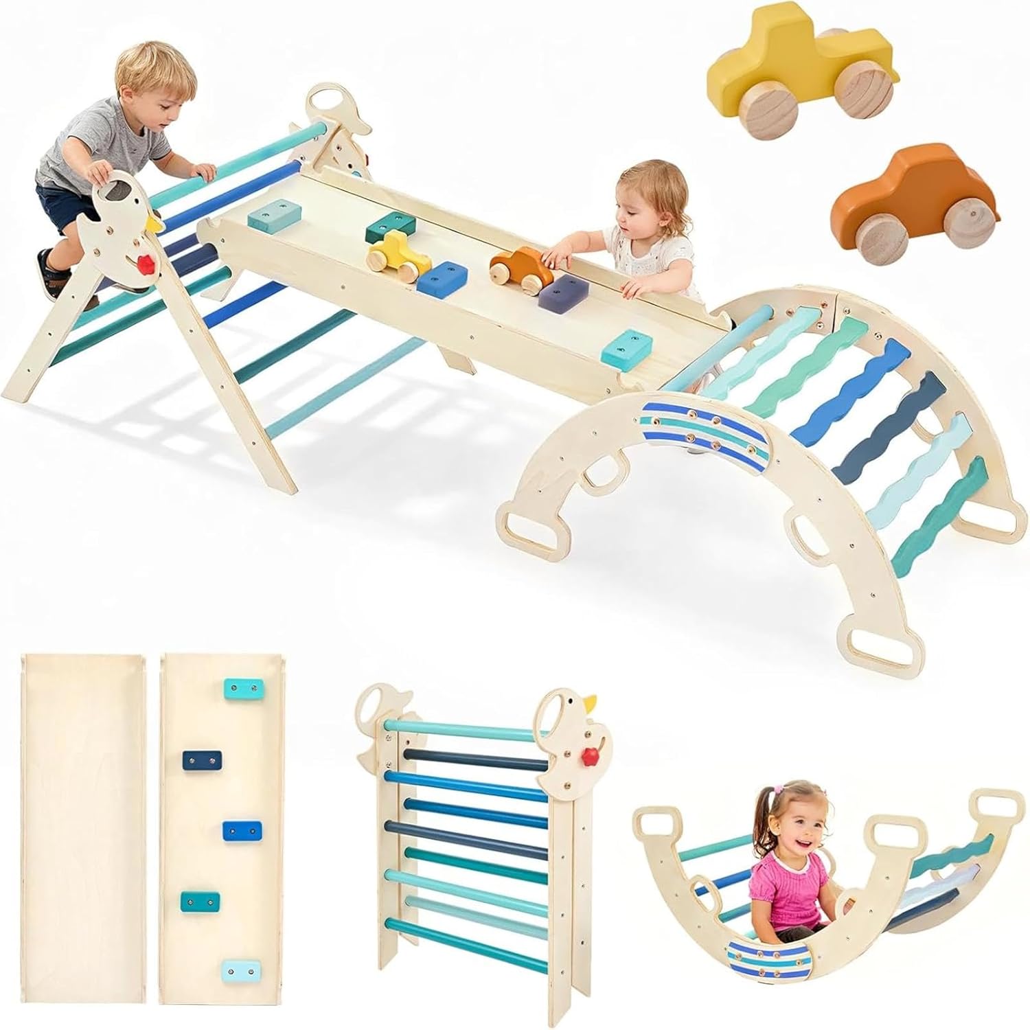DUMOS 9-in-1 Pikler Triangle Set for Toddlers, Foldable Montessori Climbing Toys Indoor Play Structure, Wooden Jungle Gym with Arch, Ramp and Ladder, Safe Baby Climber, Navy Blue