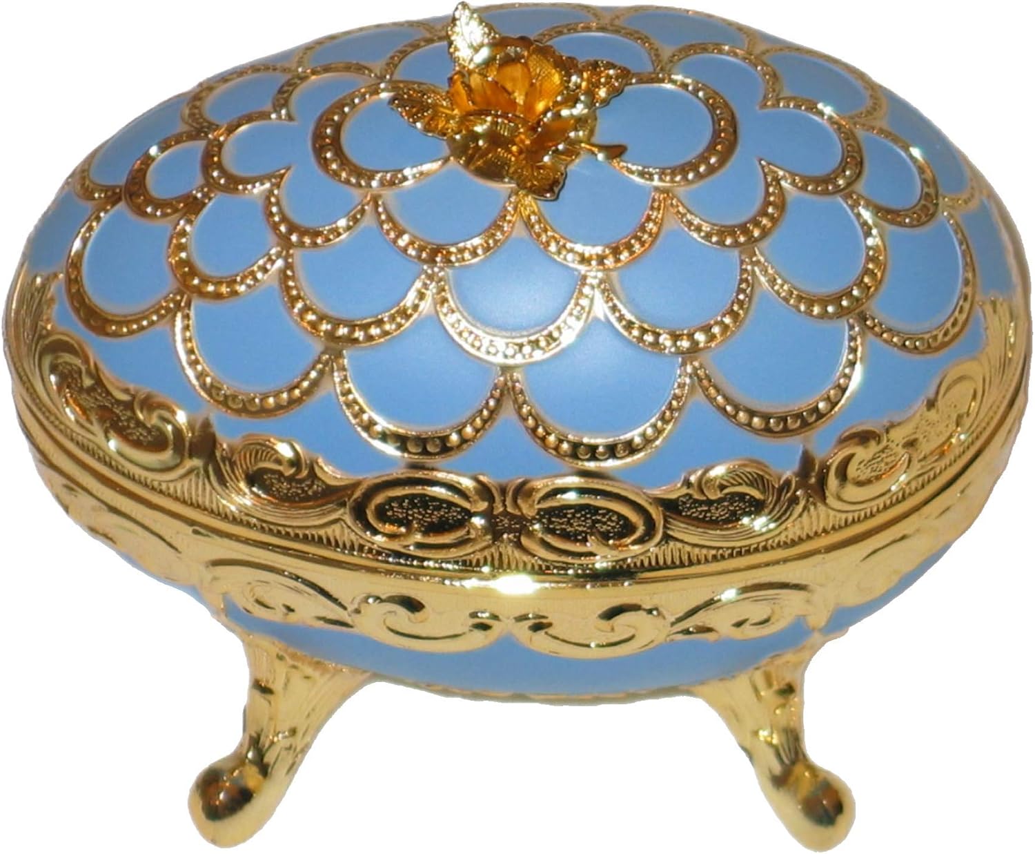 Splendid Blue Faberge Style Egg Shaped Music Box/Jewelry Box Playing Memory