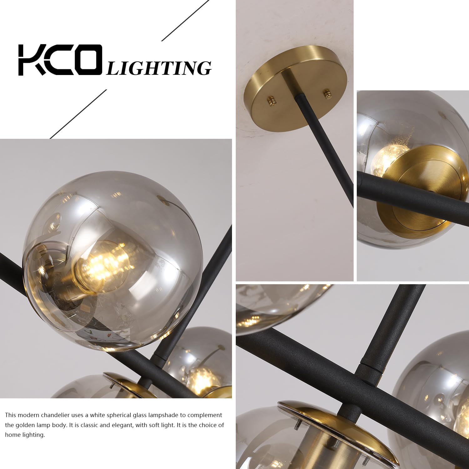 KCO Lighting Black and Gold Linear Kitchen Pendant Lighting Mid Century Modern Chandelier 7-Light Smoke Glass Globe Chandelier Vintage Dining Room Light Fixtures