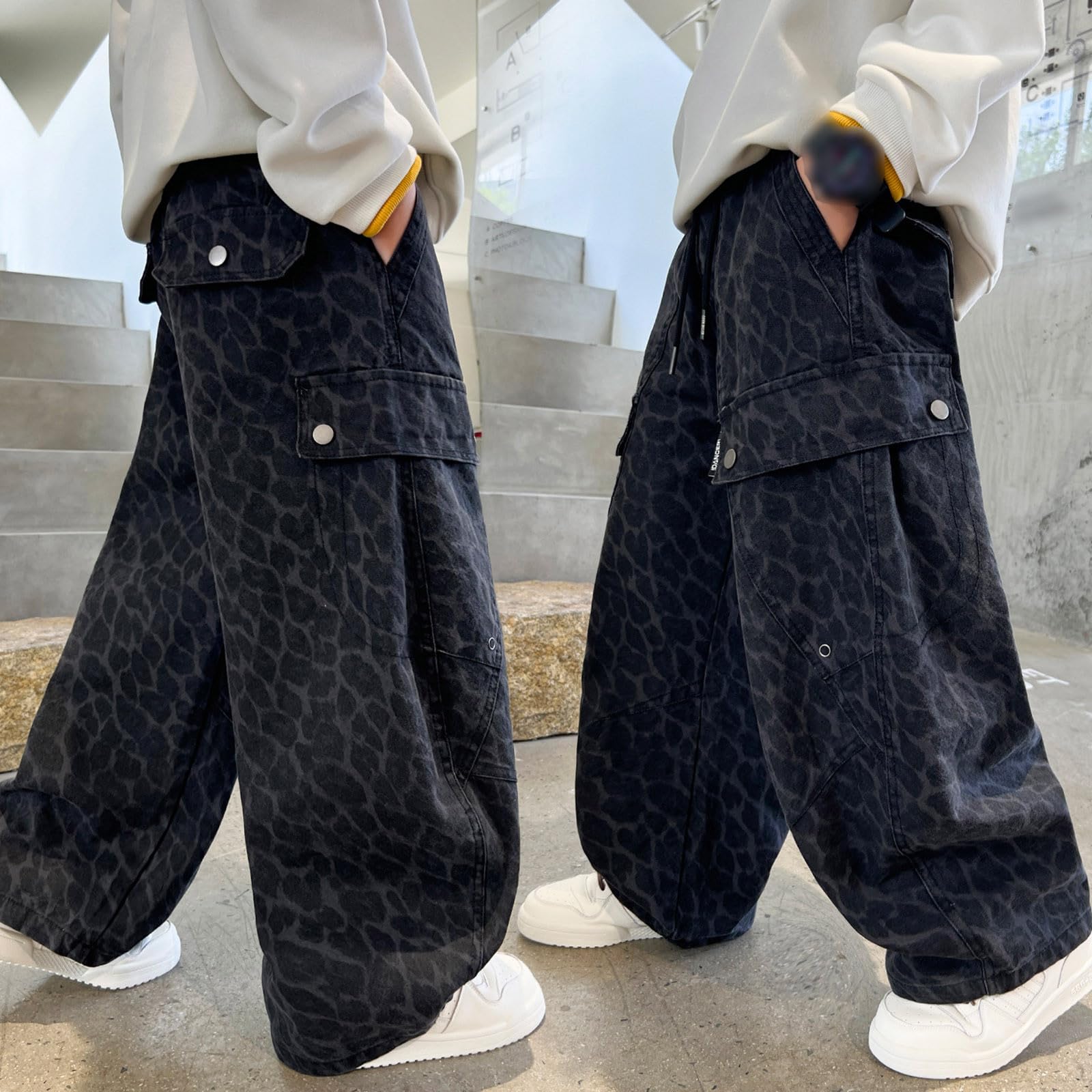 Genérico Vaqueros Niño Pantalones Cargo Baggy Jeans Estilo Y2k | Pantalones cargo con estampado de leopardo para niños, holgados, de pierna ancha, para niños grandes y adolescentes
