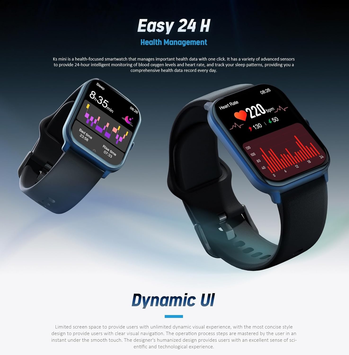 Kieslect Ks Mini Smartwatch showing health management features like sleep tracking and heart rate monitoring.