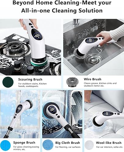 Miniatura 7 de Limpiador eléctrico giratorio, limpiador de ducha inalámbrico con 9 cabezales reemplazables, pantalla LED de 3 velocidades, cepillo limpiador de