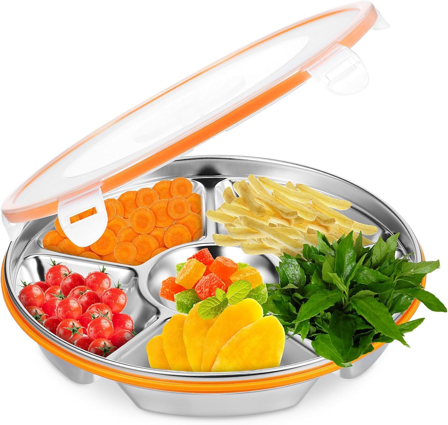 Niltracy Multicolor Divided Serving Tray With Lid, 6 Compartment Snack & Veggie Tray In Stainless Steel