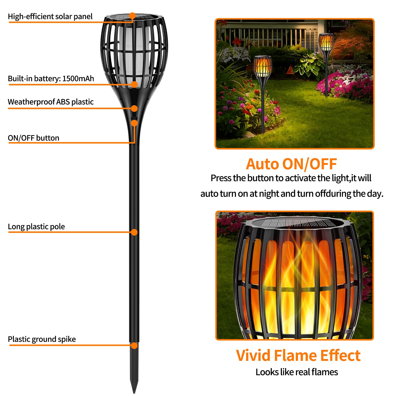 Solar-Taschenlampe, flackernde Flamme, größere Solar-Taschenlampe, 109,2 cm, flackernde Flamme, wasserdicht, für Garten, Weg, Hof (4 Stück)