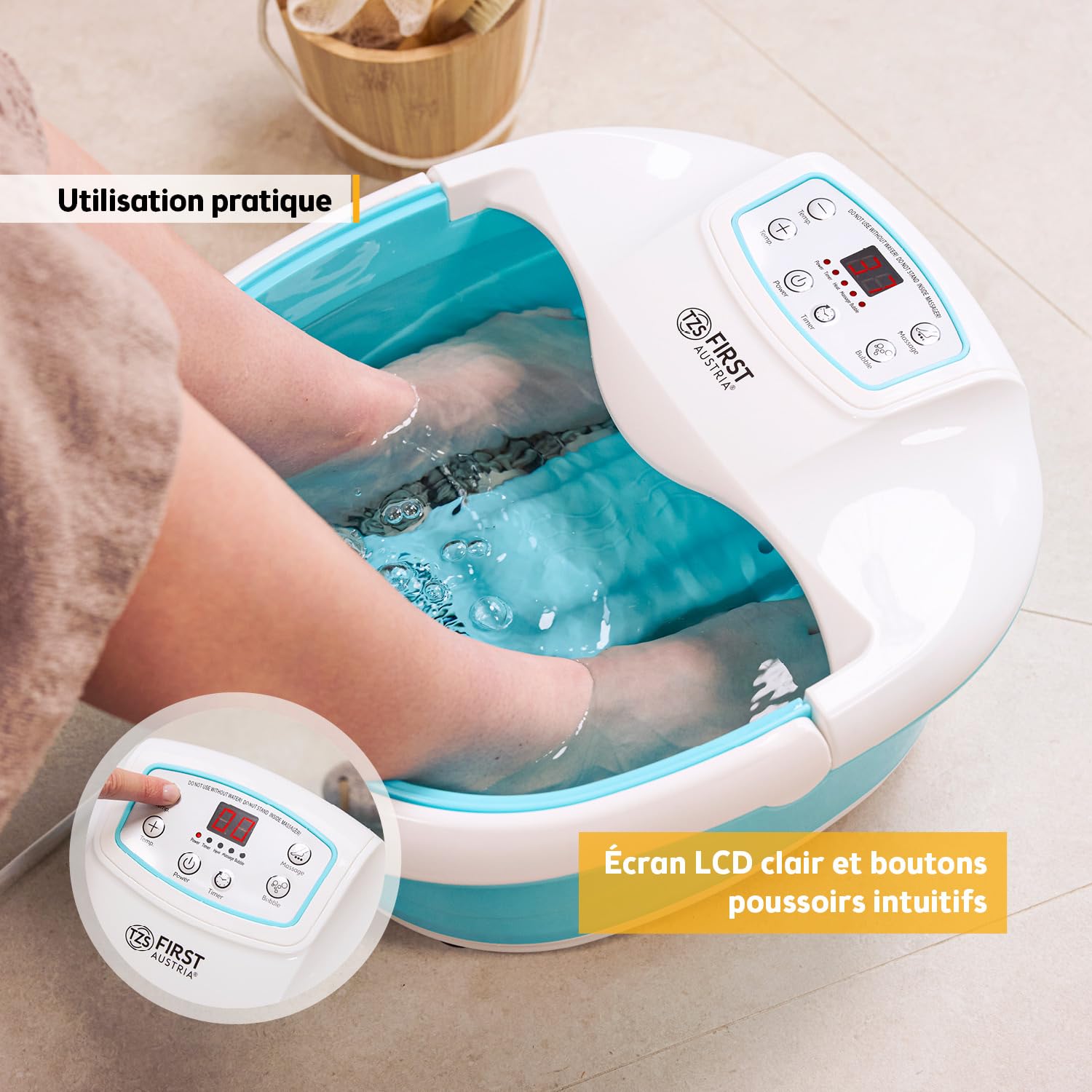 TZS First Austria - Hydromasseur plantaire 450W avec 3 programmes & 6 rouleaux massage - Bain de pieds électrique avec massage par vibration & bulles d'air, avec infrarouges & chauffage - Avec timer