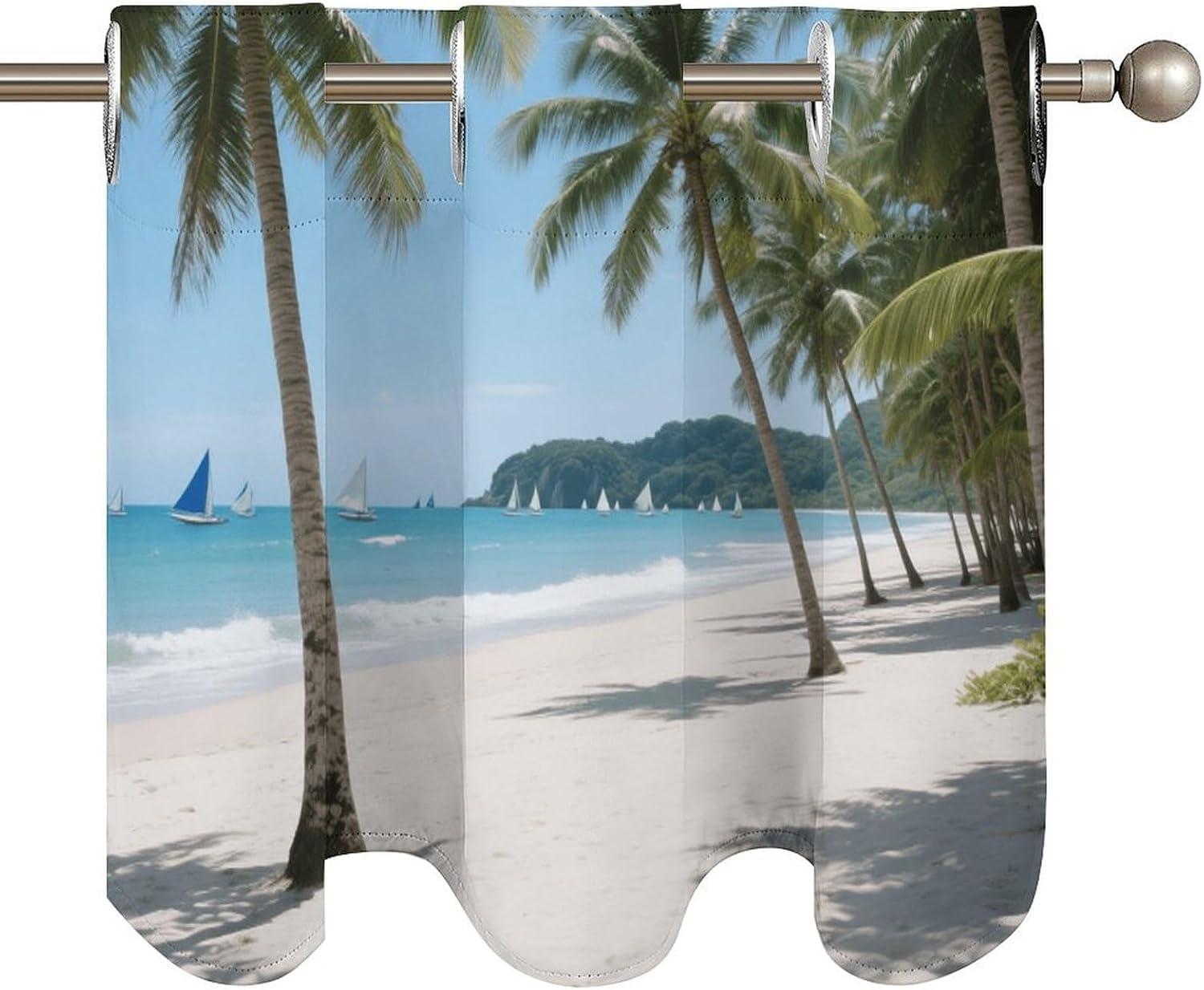 Coconut Trees And White Sandy Beaches Curtain 2 Panels, Polyester Fiber, Blackout Insulated Window Curtain, Curtain Valance for Kitchen Dining Room Living Room Cafe Small Window 52 * 18.1 Inches