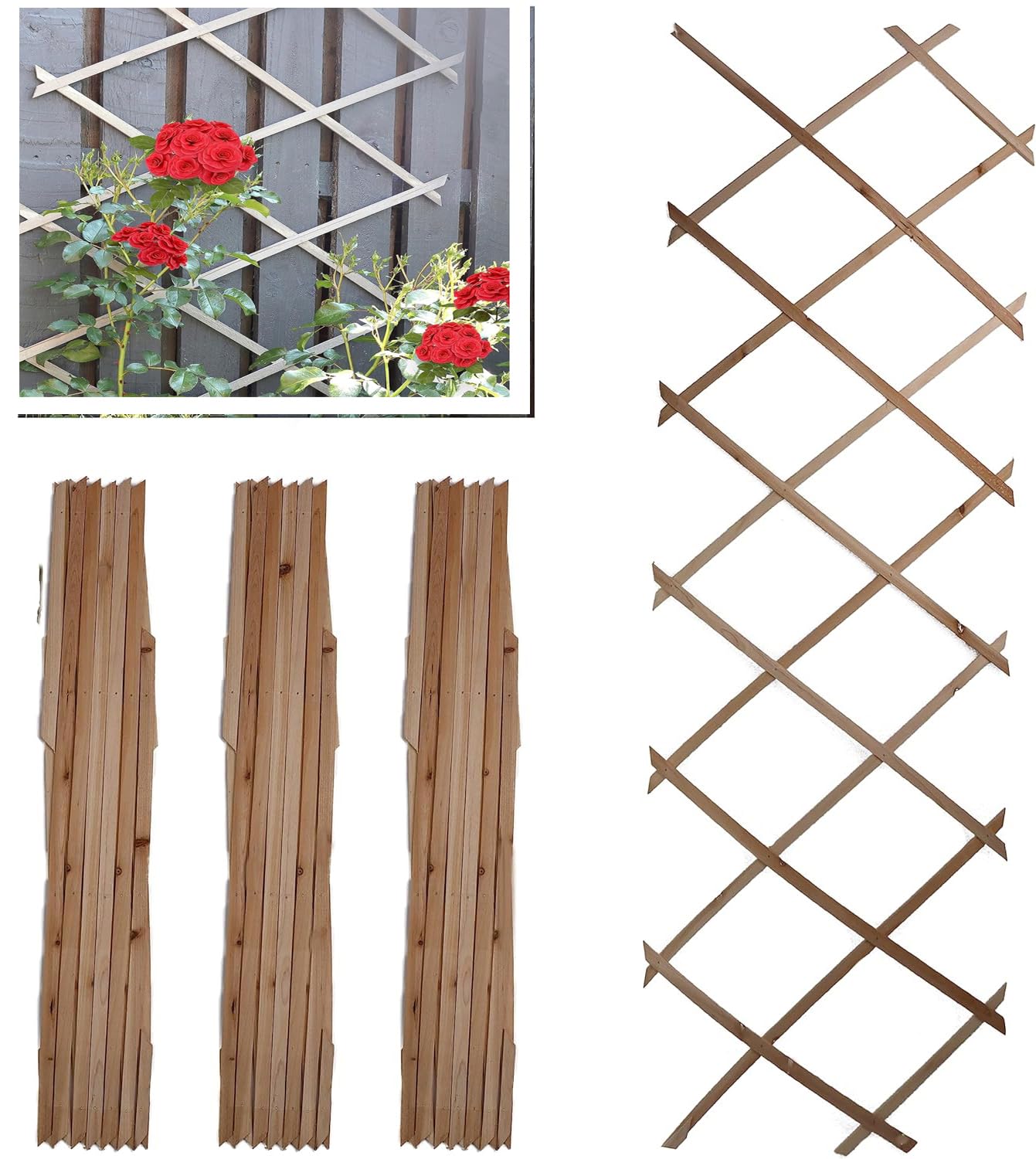 PRADICHI Wooden Expandable Pack of 3 Trellis for Climbing Plants – Garden Wall Trellis Fence Panels for Outdoor & Indoor Decoration, Partition & Plant Support (Nature, 180cm x 30cm (3 Pack))