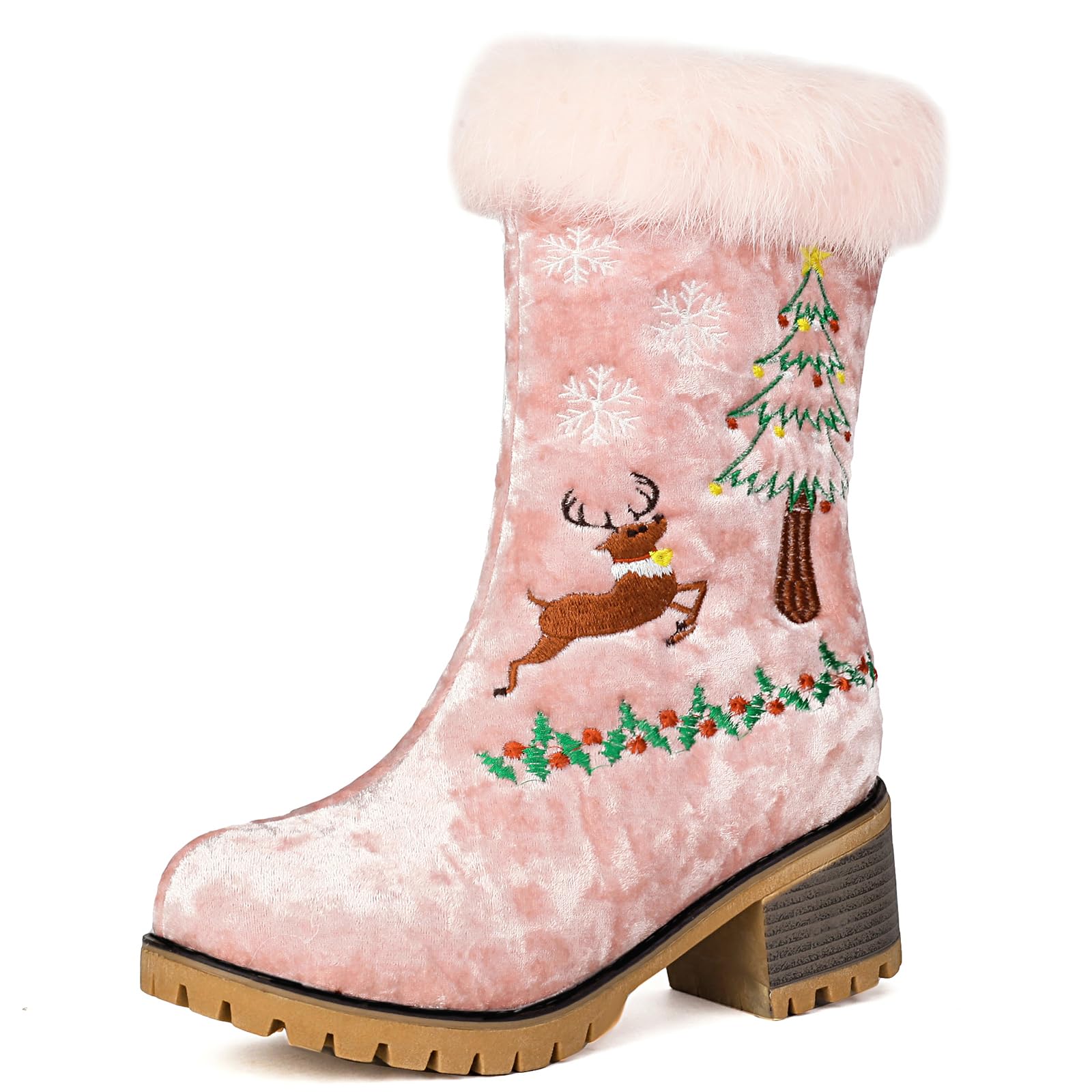 Fur Lined Embroider Christmas Boots for Women Furry Block Heel Female Winter Boots Slip On Snow Boots